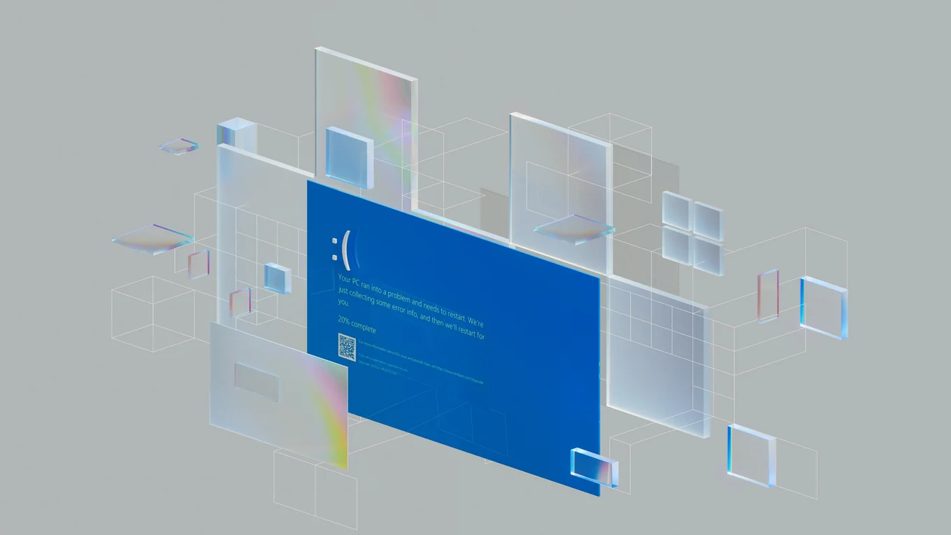 Blue screen with error text, geometric shapes around.